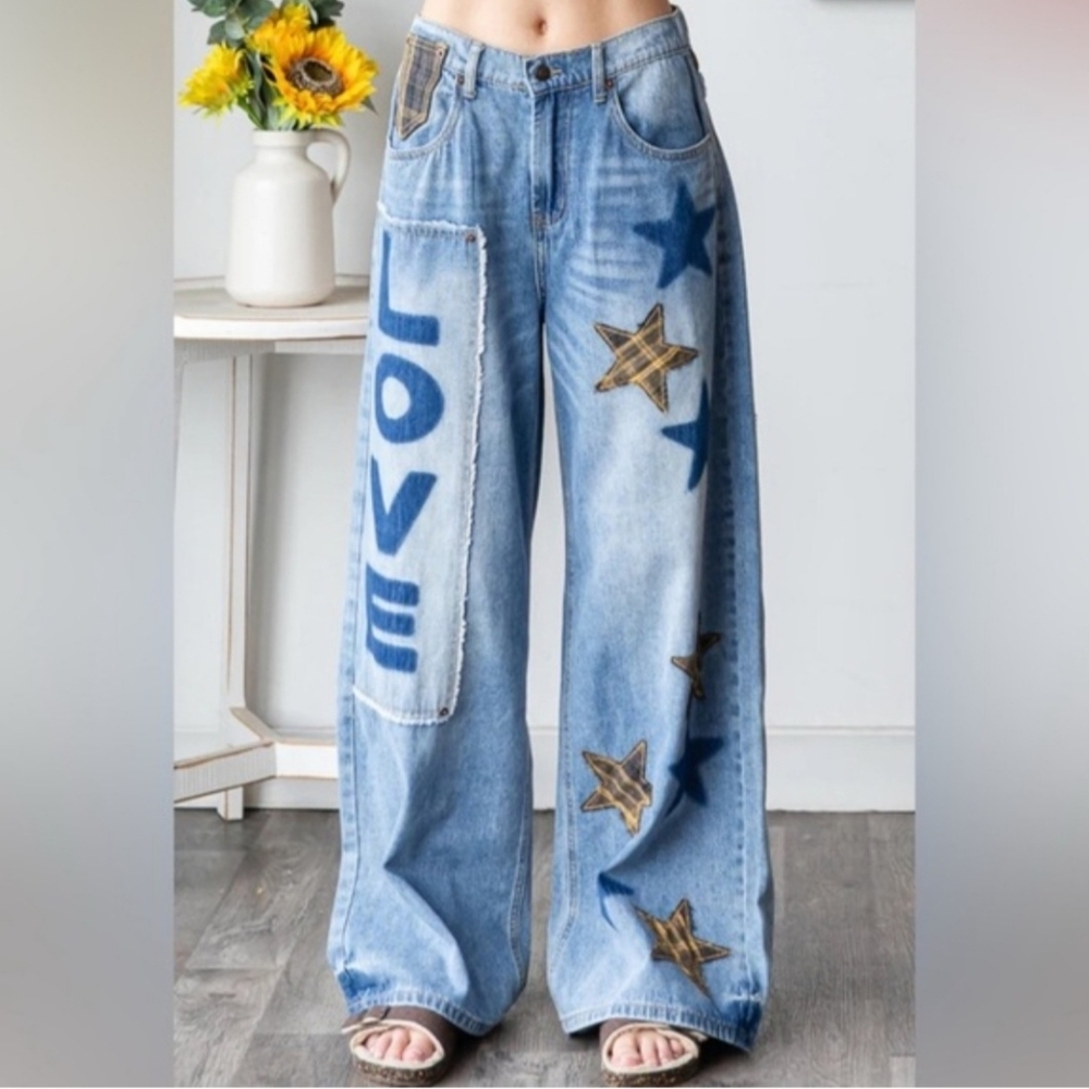 Oli &Hali Love + Stars Patchwork Baggy Wide-Leg Jeans 💙 - Picture 5 of 7